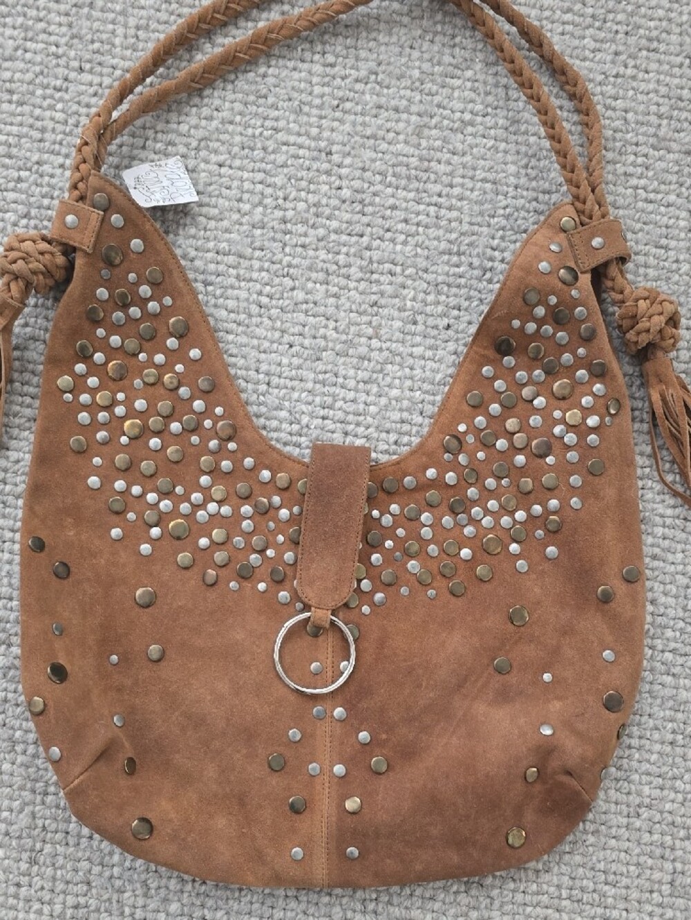 Gorgeous!! Free People Tan Suede Studded Shoulder Bag with Tassels, Never Used - Picture 2 of 11